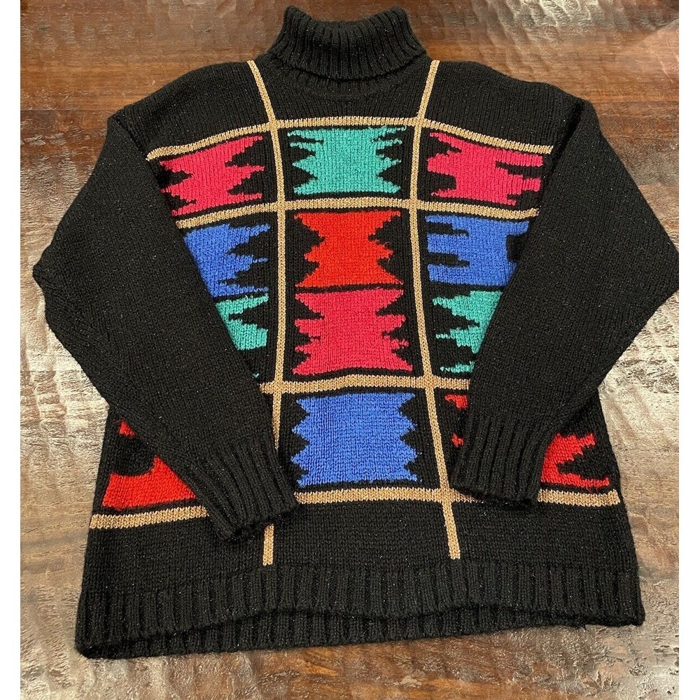 Vintage‎ 90s Liz Sport Sweater Women's M Black Metallic Knit Oversized Retro